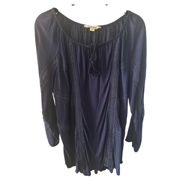 Lucky Brand Women’s 1X Navy Crochet Boho Peasant Tunic Top Tassel Long Sleeve - Picture 1 of 11